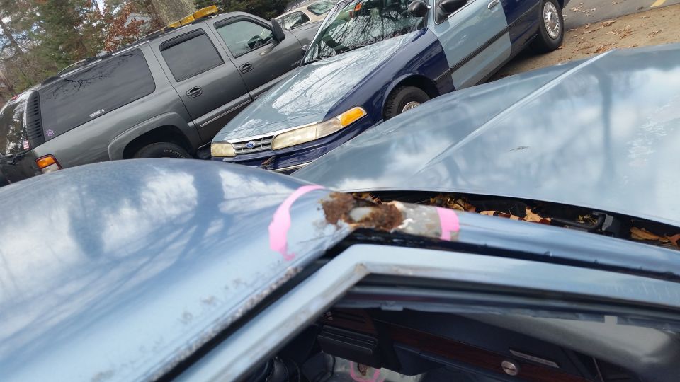 Light blue car roof in a parking lot with rust spot near window