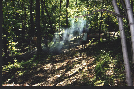 1991 Ford Bronco - A person walks away from smoke in a wooded area.