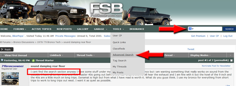 Screenshot of FullSizeBronco.com forum thread with a user asking for help finding the search section.