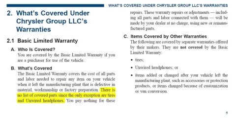 2000 Ford Crown Victoria - A document page titled "WHAT'S COVERED UNDER CHRYSLER GROUP LLC'S WARRANTIES" outlines warranty details. Section 2.1 discusses the Basic Li…