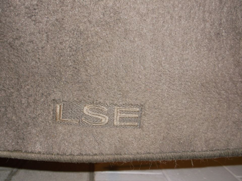 Close-up of a tan floor mat with embossed "LSE" lettering.
