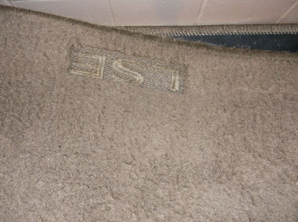 Close-up of a tan floor mat with "LSE" embossed text.