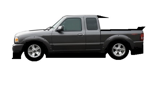 Dark gray Ford Ranger pickup truck with fender flares and tonneau cover, side view.