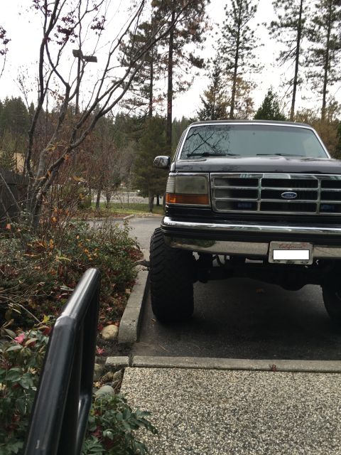 1993 Ford Bronco - A black Ford Bronco is parked on a paved surface next to a landscaped area with autumn foliage. The front of the vehicle is visible, includ…