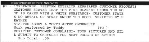 2000 Ford Crown Victoria - This document outlines a service request for exterior repair, noting a customer complaint about a white substance under the hood.