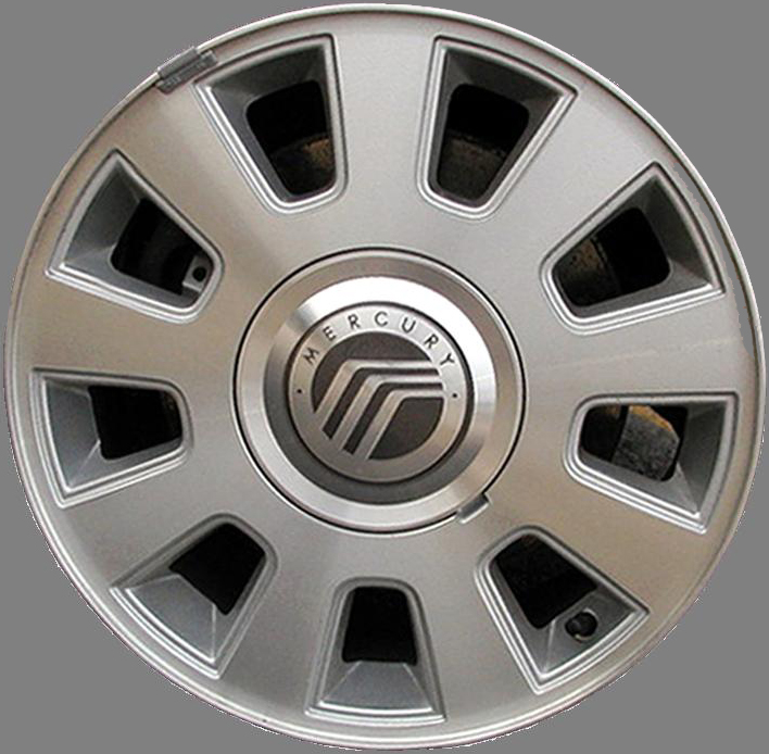 Close-up of a Mercury wheel with the Mercury logo in the center