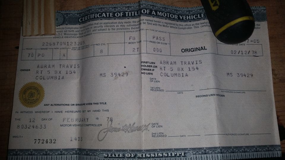 1978 Mississippi Certificate of Title for a 1970 Pontiac