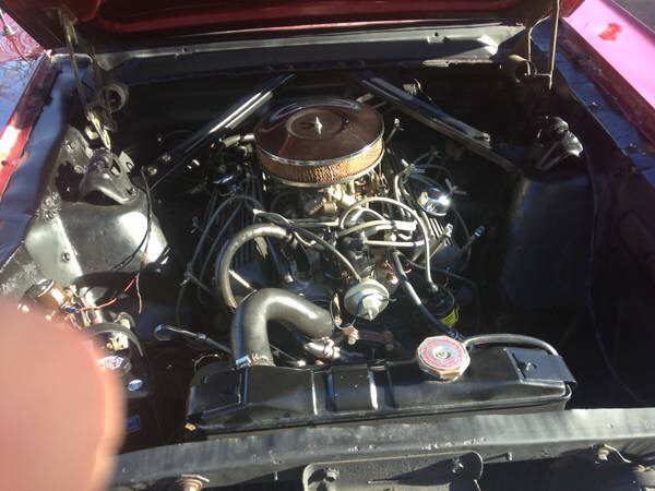 Engine bay of a classic Ford Bronco, showing V8 engine, air cleaner, radiator.