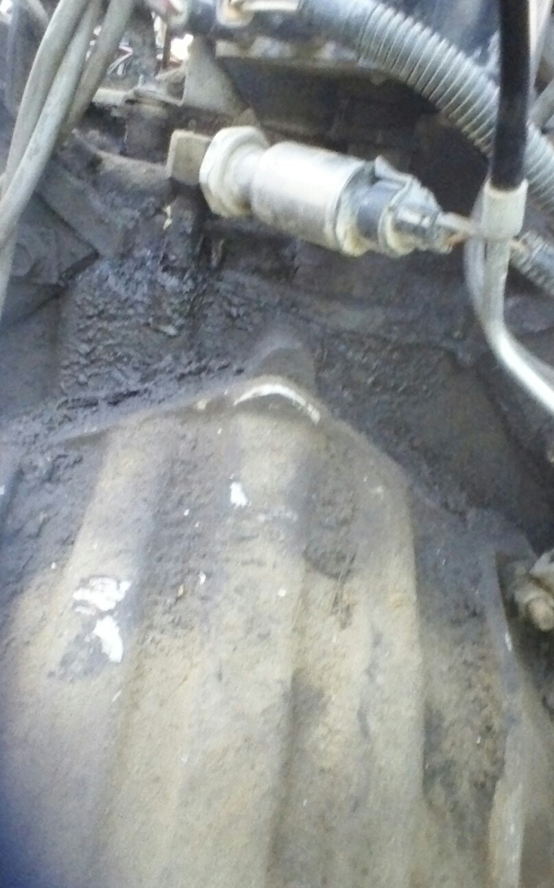 Close-up of a greasy engine sensor on a dirty engine block.