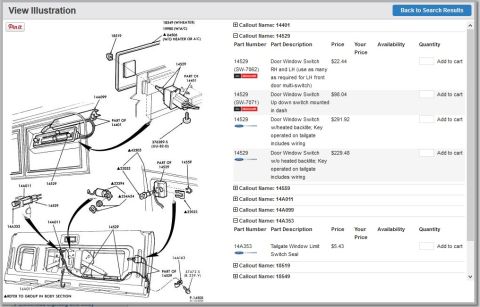 1994 Ford Bronco - Exploded parts diagram of door/tailgate window switch assembly with numbered callouts beside a parts catalog listing.