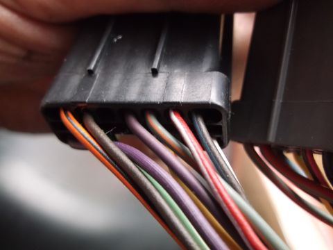 1999 Mercury Grand Marquis - A close-up view shows a black electrical connector with multiple colored wires emerging from it. The wires are orange, grey, purple, green,…
