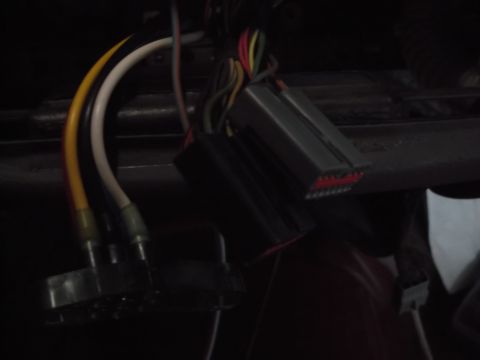 1999 Mercury Grand Marquis - A close-up view shows a black electrical connector with multiple wires plugged into it. Three wires, yellow, white, and black, are visible…
