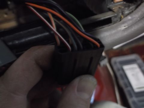 1999 Mercury Grand Marquis - A hand holds a black electrical connector with multiple colored wires protruding from it. The wires are orange, white, purple, and green.