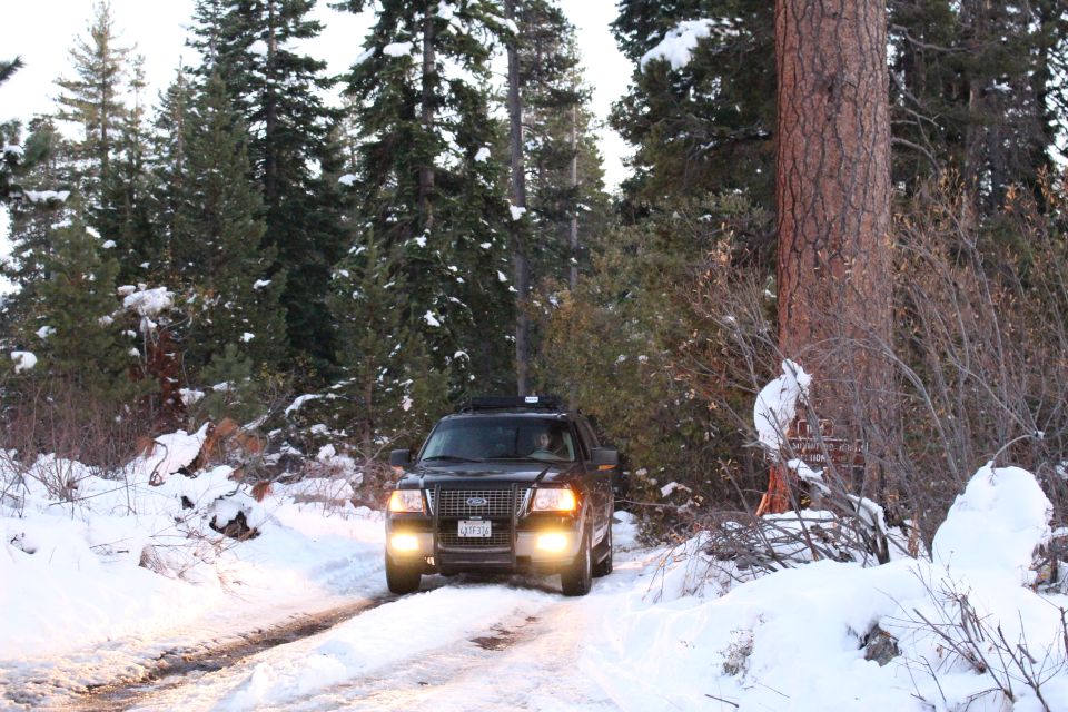 Black Ford Expedition driving on a snowy road in a forest.