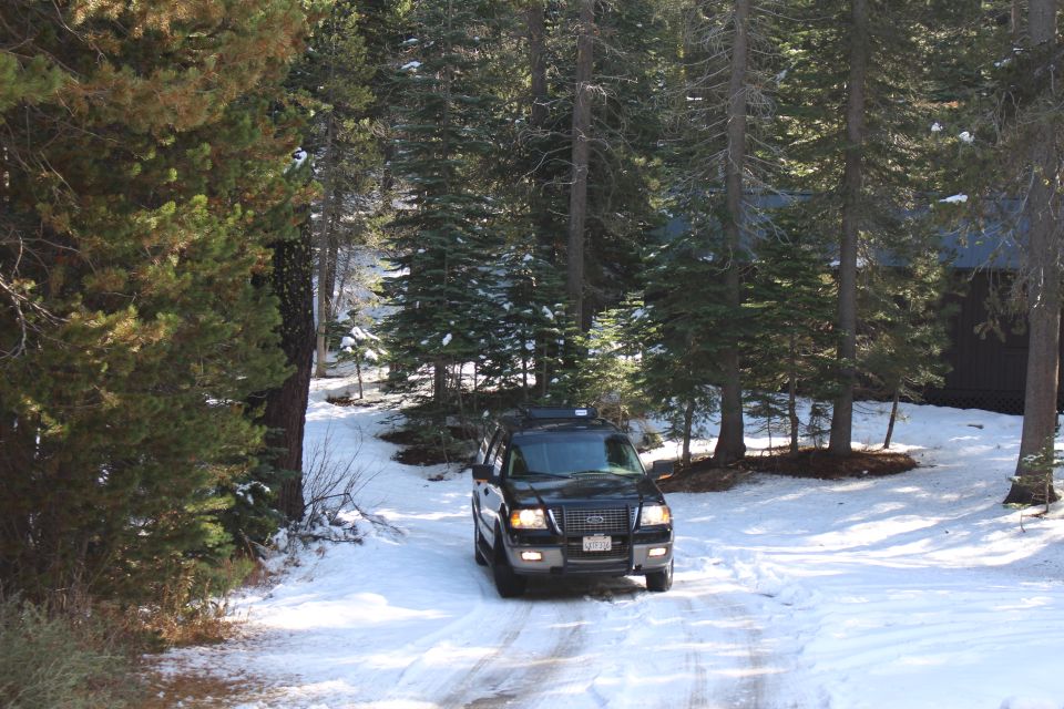 Black Ford Expedition driving on a snowy driveway in a forest.