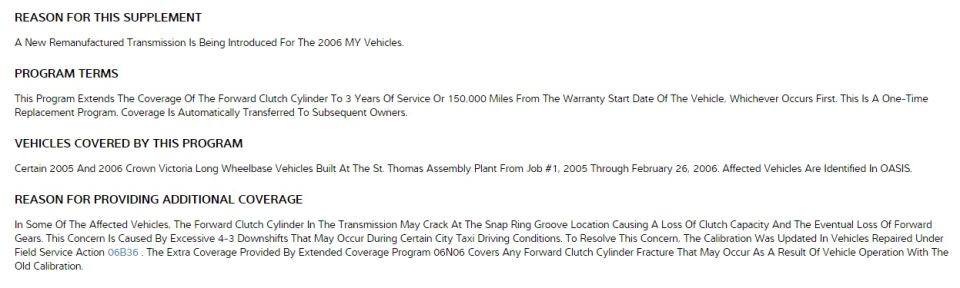 Service bulletin supplement text on remanufactured transmission coverage