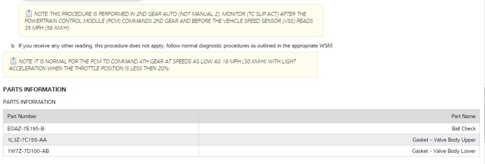 Service bulletin page with procedure notes and parts information table