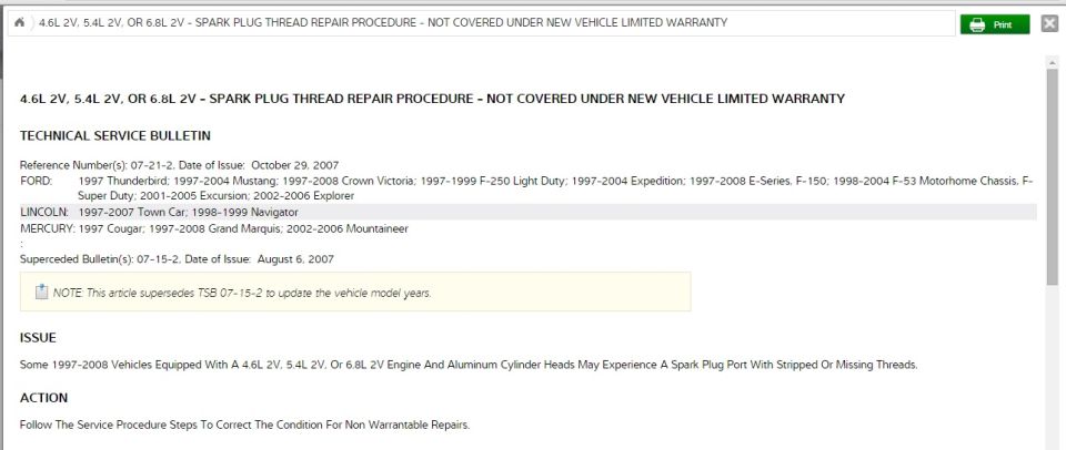 Technical Service Bulletin header for spark plug thread repair procedure