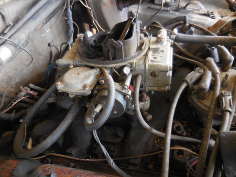 1979 Ford Bronco - The engine bay shows a carburetor with various hoses and wires connected.
