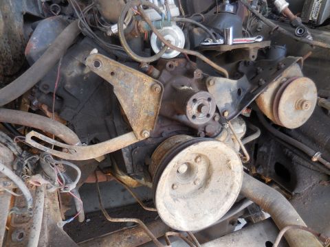 1979 Ford Bronco - A close-up view of a rusty, dirty V8 engine, likely from a 1979 Ford Bronco. Visible components include pulleys, brackets, hoses, and wirin…