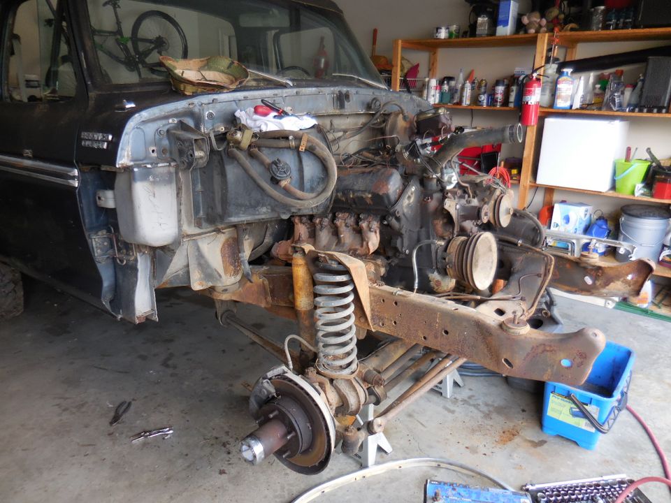 Disassembled 1979 Ford Bronco front end with engine and suspension removed.