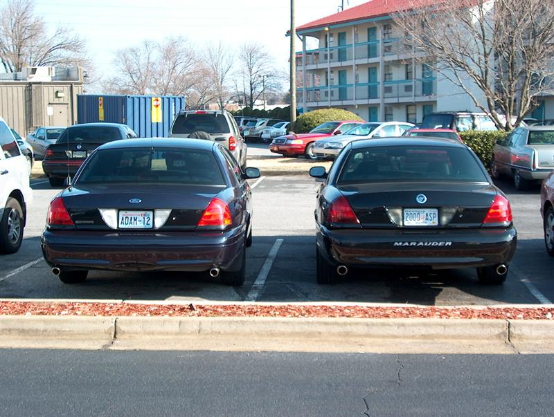 Rear view of Crown Victoria with ADAM-12 plate parked beside a Mercury Marauder