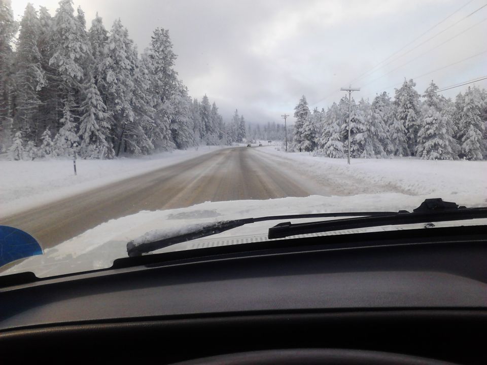 View from inside a vehicle driving on a snow-covered road with trees on the side.
