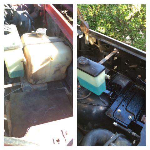 1981 Ford Bronco - The image shows a before and after comparison of a vehicle's engine bay, focusing on the windshield washer fluid reservoir. The left side s…