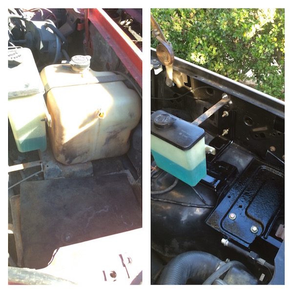 Before and after of a vehicle's engine bay showing a windshield washer fluid reservoir.