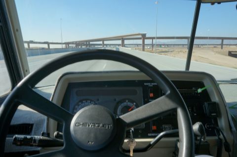 1995 Chevrolet P30 1 Ton - Step Van - Driving a 1995 Chevrolet P30 1 Ton - Step Van on the highway, showing the dashboard and steering wheel.