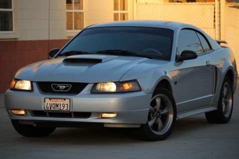 2002 Ford Mustang - A silver 2002 Ford Mustang coupe is parked outdoors, a prominent hood scoop and a California license plate.