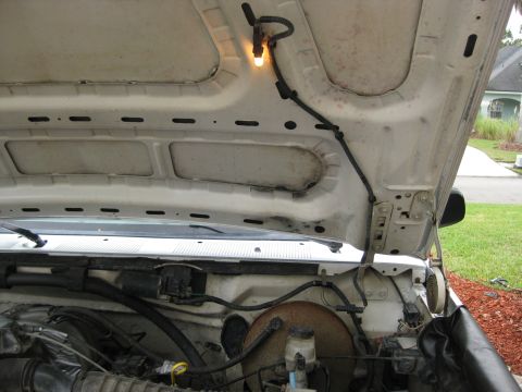 1994 Ford Bronco - The open hood of a white 1994 Ford Bronco reveals the engine compartment and the underside of the hood. A small light bulb is attached to t…