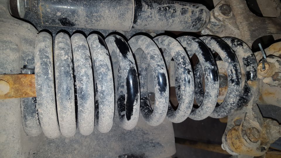 Close-up of a dusty suspension coil spring and shock absorber assembly