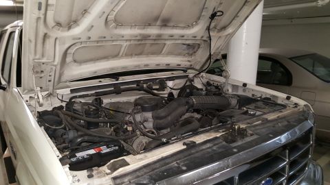 1995 Ford Bronco - The engine bay of a white SUV, likely from the early to mid-1990s, is shown with the hood raised.