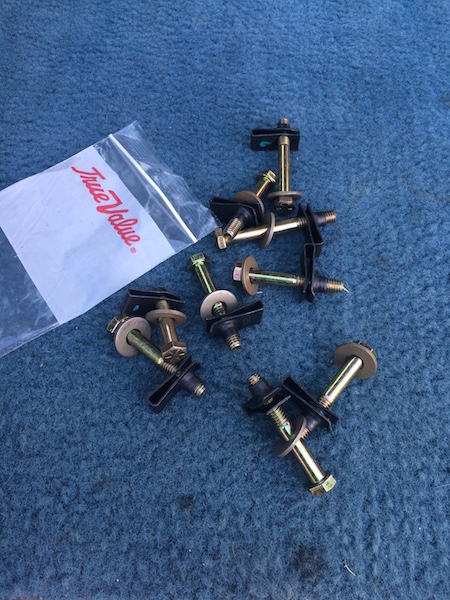 1981 Ford Bronco - A collection of assorted bolts and fasteners, some still in their original True Value packaging, are laid out on a blue carpeted surface.