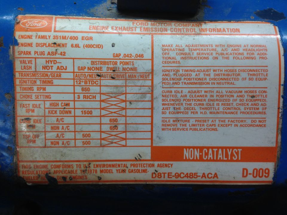 Ford 1978 emission control label for 351M/400 EGR 6.6L engine with timing and idle RPM specs
