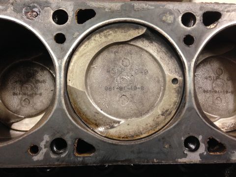 1979 Ford Bronco - This image shows the internal components of an engine block, focusing on the cylinders and pistons.