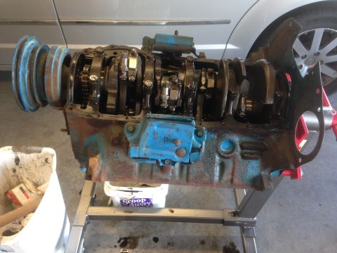 1979 Ford Bronco - This V8 engine block is disassembled and mounted on an engine stand for repair or inspection.
