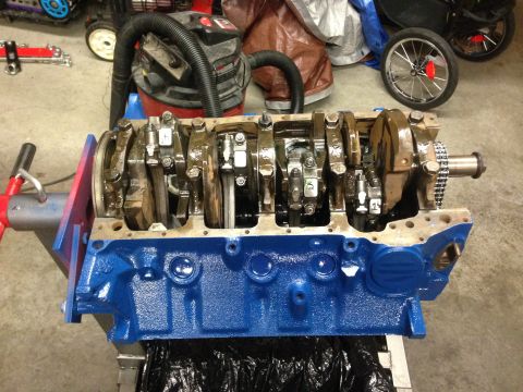 1979 Ford Bronco - Engine block assembly, likely undergoing rebuild, with crankshaft and connecting rods visible.