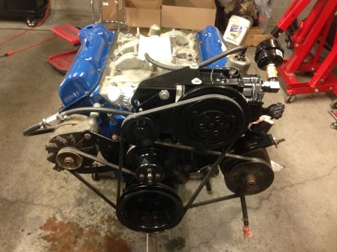 1979 Ford Bronco - A V8 engine is shown with its various components and belt system installed.