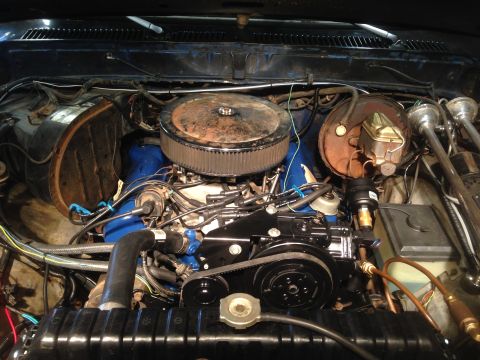 1979 Ford Bronco - Close-up view of a vehicle's engine bay, a blue intake manifold and a chrome air cleaner assembly.