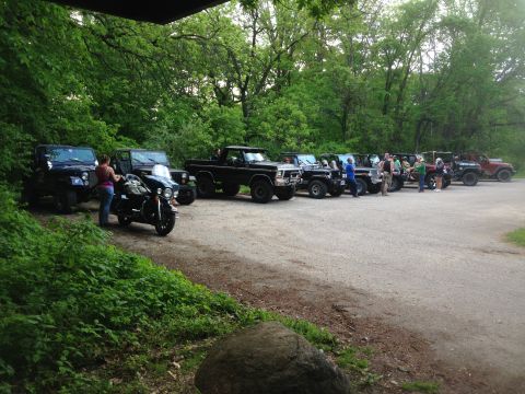 1979 Ford Bronco - A collection of off-road vehicles and a motorcycle are parked in a wooded area.