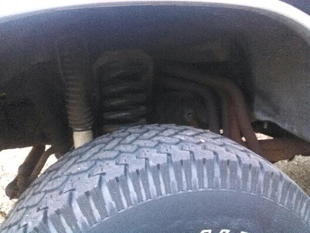 Close-up of a tire and suspension in wheel well
