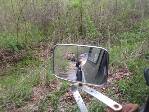1979 Ford Bronco - A convoy of off-road vehicles navigates a shallow stream surrounded by dense foliage.