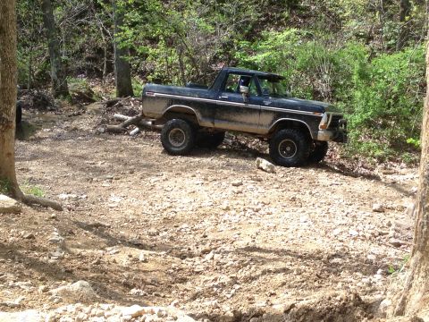 1979 Ford Bronco - A black 1978 Ford Bronco navigates a rocky, wooded off-road path.