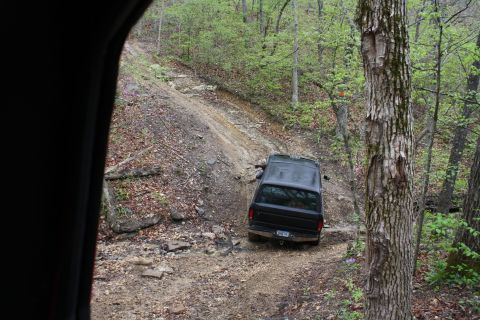 1979 Ford Bronco - This 1979 Ford Bronco navigates a challenging off-road trail surrounded by lush green trees.