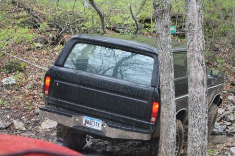 1979 Ford Bronco - This SUV is seen off-roading on a wet, wooded path, with trees close to its body.