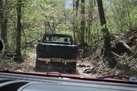 1979 Ford Bronco - A black pickup truck navigates a wet, wooded path, with another vehicle following closely behind.