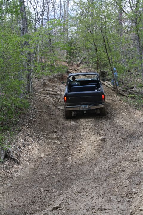 1979 Ford Bronco - Ford Bronco navigates a challenging off-road path through a forest.