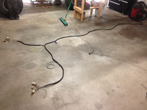 1979 Ford Bronco - A vehicle wiring harness is spread out on a garage floor, showing its complex network of wires and connectors.